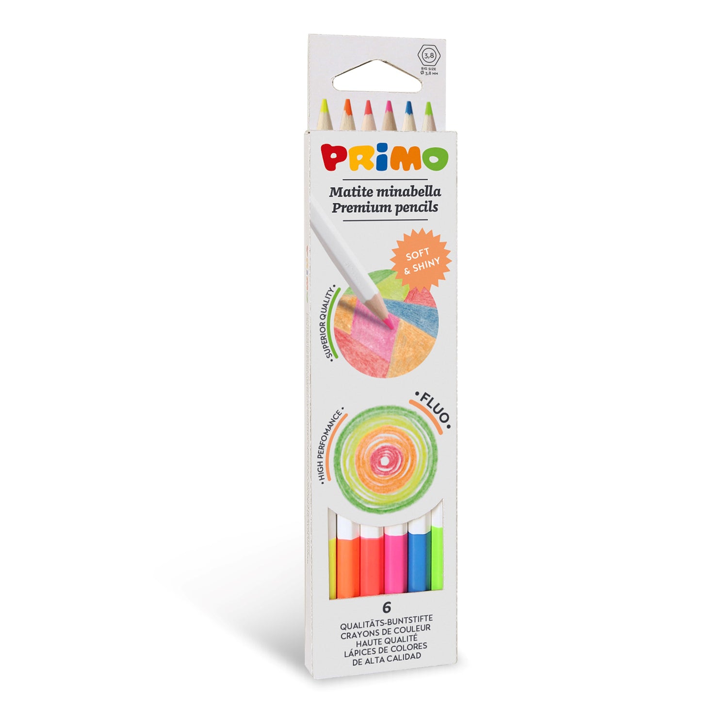 Matite colorate Minabella - diametro mina 3,8 mm - colori fluo assortiti - Primo - astuccio 6 pezzi