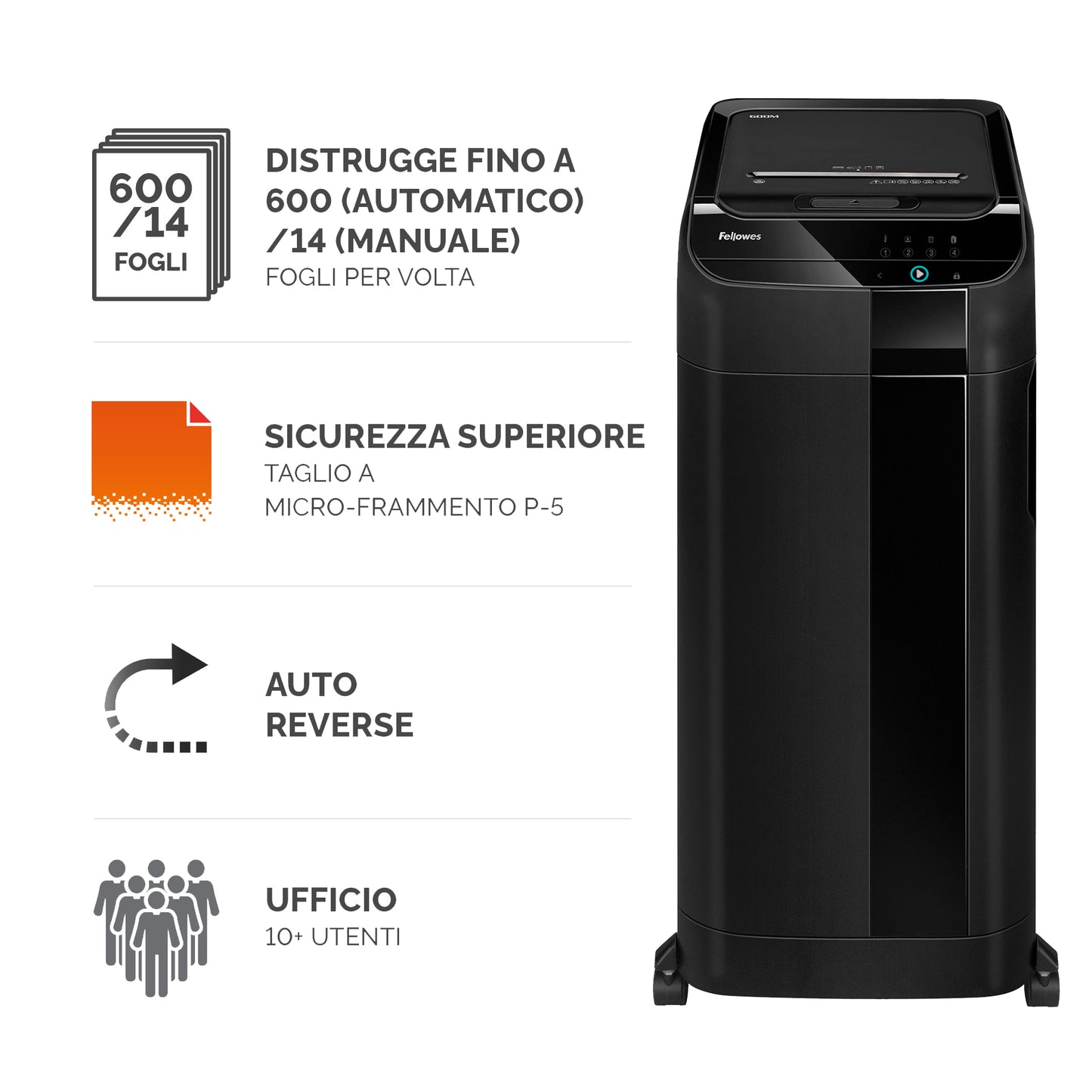 Distruggidocumenti Automax 600m - a microframmenti - 83lt - Fellowes
