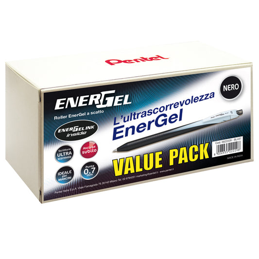Roller a scatto Energel Slim - punta 0,7 mm - nero - Pentel - value pack 20+4 pezzi