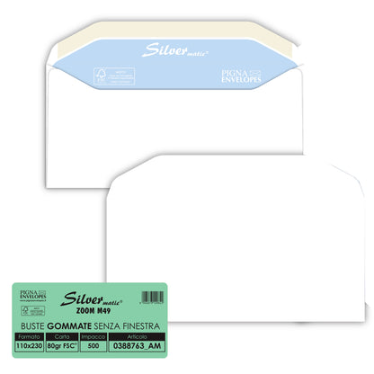 Busta Silver Matic FSC - senza finestra - gommata - 11 x 23 cm - 80 gr - bianco - Pigna Envelopes - conf. 500 pezzi