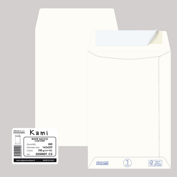 Busta a sacco Kami Strip - 16,2 x 22,9 cm - 100 gr - carta riciclata FSC - bianco - Pigna Envelopes - conf. 500 pezzi