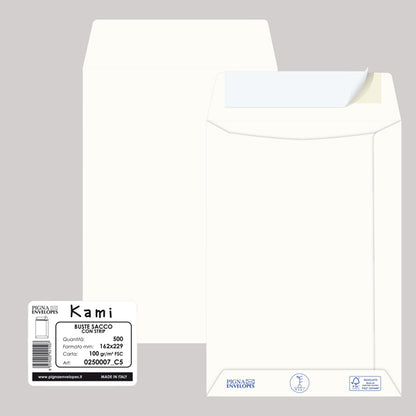 Busta a sacco Kami Strip - 16,2 x 22,9 cm - 100 gr - carta riciclata FSC - bianco - Pigna Envelopes - conf. 500 pezzi