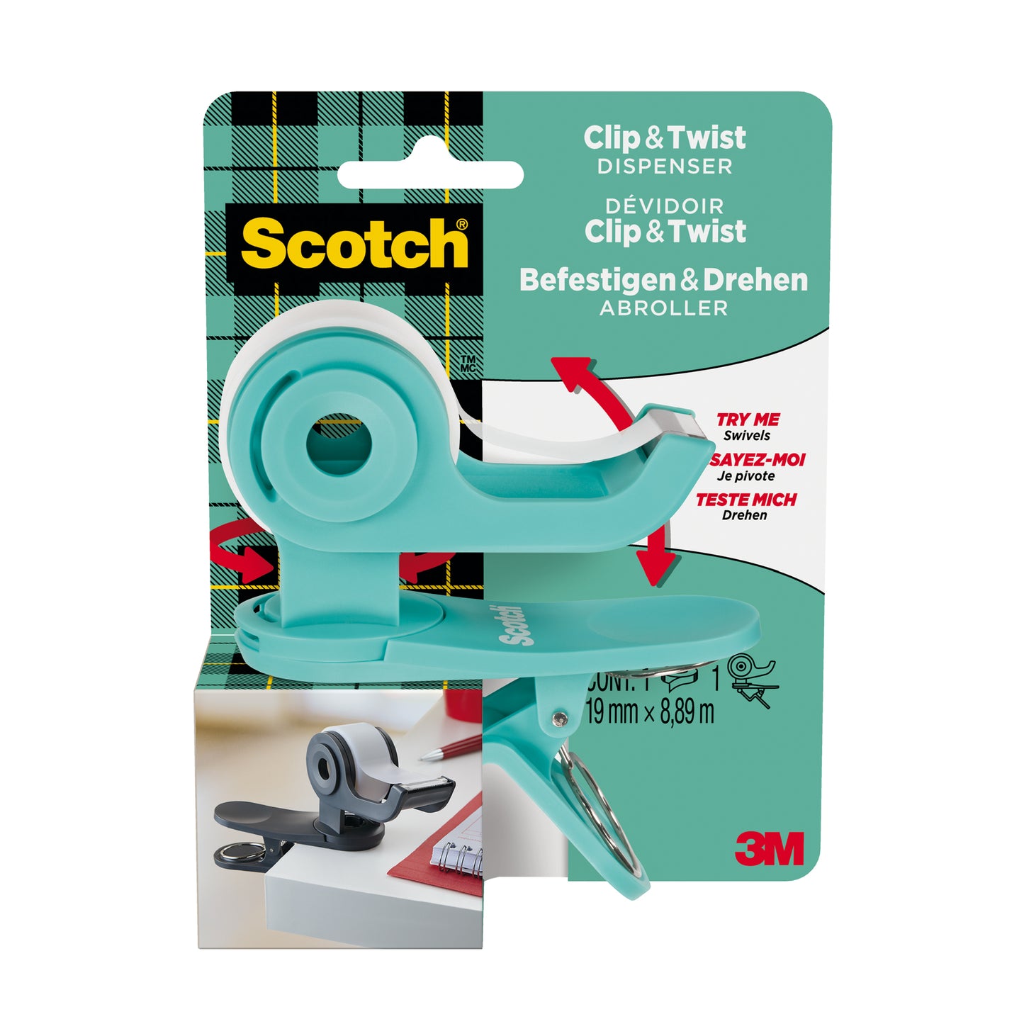 Dispenser Clip & Twist - per nastri 33 m - rotolo da 1,9 cm x 9,8 m incluso - menta - Scotch