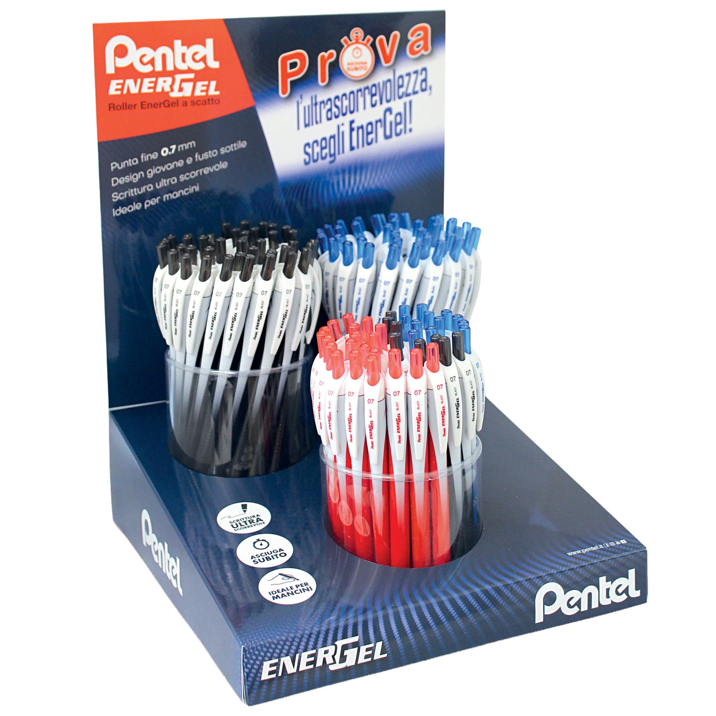 Roller Energel Slim - punta 0,7 mm - 3 colori assortiti (blu/nero/rosso - Pentel - expo 120 pezzi