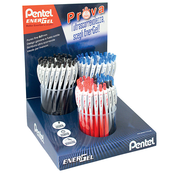Roller Energel Slim - punta 0,7 mm - 3 colori assortiti (blu/nero/rosso - Pentel - expo 120 pezzi
