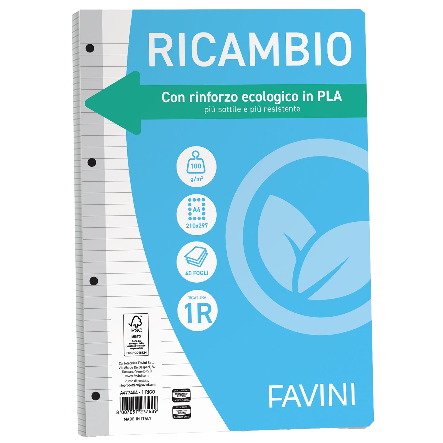 Ricambi forati riforzati ecologico - A4 - 1 rigo - 100 gr - Favini - conf. 40 pezzi