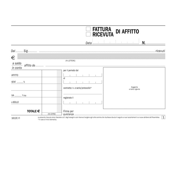 Blocco ricevute/ fatture di affitto - 50/50 copie autoricalcanti - 16,8 x 10 cm - DU1612C0000 - Data Ufficio