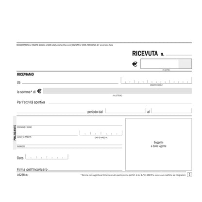 Blocco ricevute pagamento per attività sportive dilettantistiche - 50/50 copie autoricalcanti - 11,5 x 16,5 cm - DU1625800 - Data Ufficio