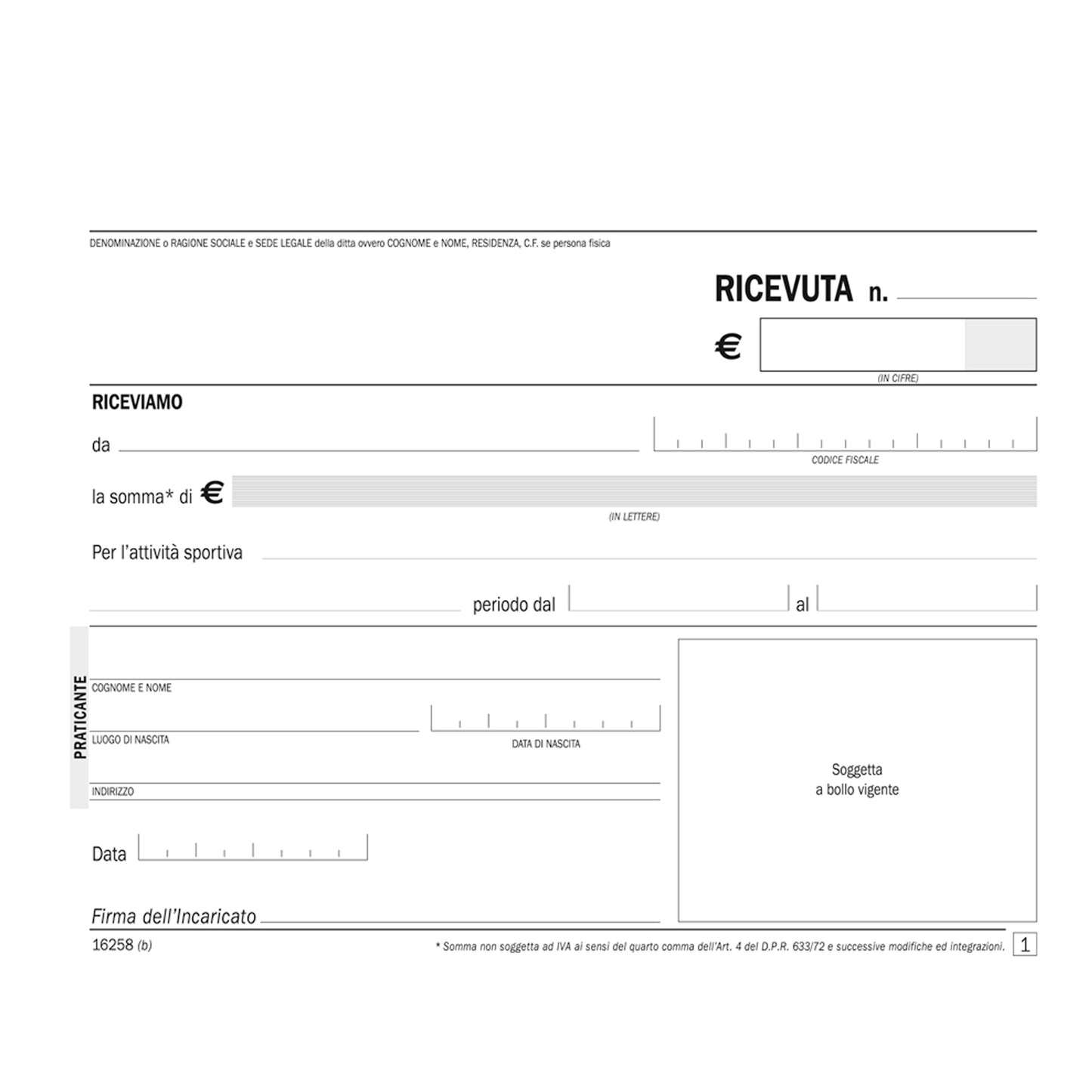 Blocco ricevute pagamento per attività sportive dilettantistiche - 50/50 copie autoricalcanti - 11,5 x 16,5 cm - DU1625800 - Data Ufficio