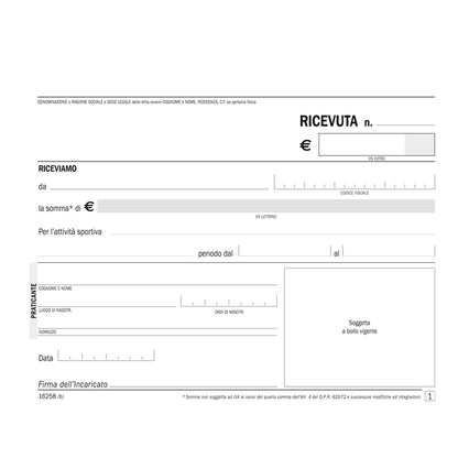 Blocco ricevute pagamento per attività sportive dilettantistiche - 50/50 copie autoricalcanti - 11,5 x 16,5 cm - DU1625800 - Data Ufficio