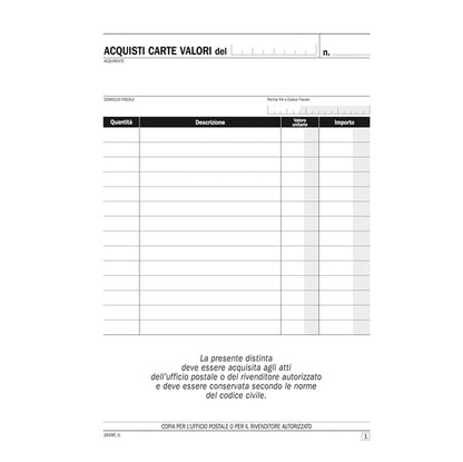 Blocco distinta acquisto carte valori - 50/50 copie autoricalcanti - 21,5 x 14,8 cm -DU1649C0000 - Data Ufficio