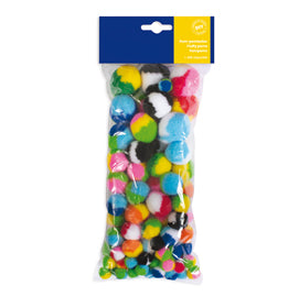 Pompon a strisce - 10-35 mm - colori assortiti - DECO - busta 100 pezzi