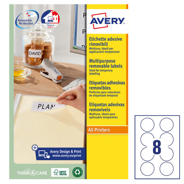 Etichette adesive tonde L4850 - in carta - rimovibili - diametro 63,5 mm - 8 et/fg - 25 fogli - bianco - Avery