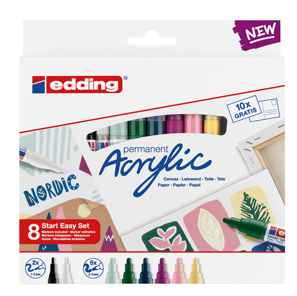 Marcatore permanente acrilico Start Easy Set Nordic - punta tonda fine e media - colori assortiti - Edding - conf. 8 pezzi