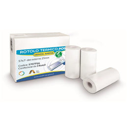 Rotolo per POS e carta di credito - 57 mm x 7 m - 55 gr - diametro esterno 25 mm - senza anima - carta termica BPA free - Rotolificio Pugliese - blister 3 pezzi