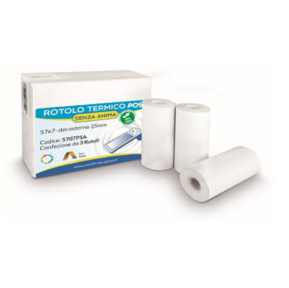 Rotolo per POS e carta di credito - 57 mm x 7 m - 55 gr - diametro esterno 25 mm - senza anima - carta termica BPA free - Rotolificio Pugliese - blister 3 pezzi