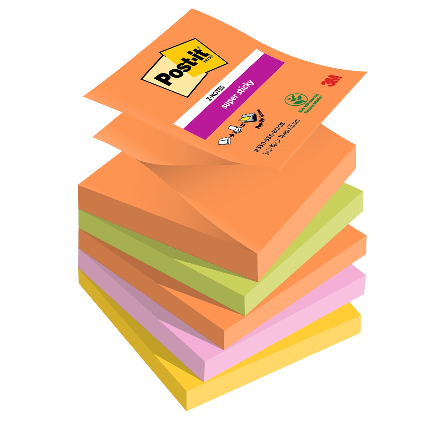 Blocco Post-it Super Sticky Z Notes - R330-5SS-BOOS - 76 x 76 mm - colori Boost - 90 fogli - Post-it - conf. 5 pezzi