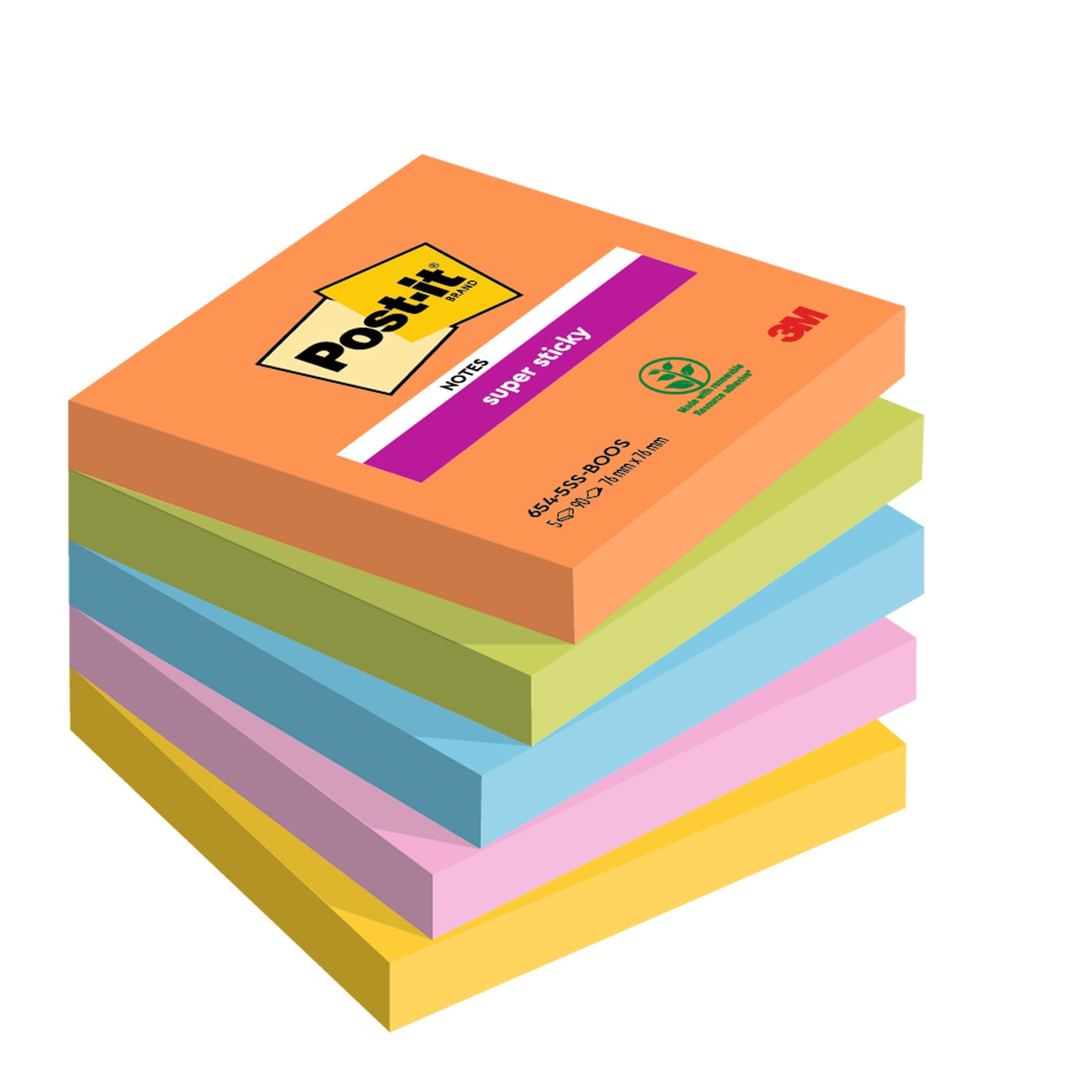 Blocco Post-it Super Sticky - 654-5SS-BOOS - 76 x 76 mm - colori Boost - 90 fogli - Post-it - conf. 5 pezzi