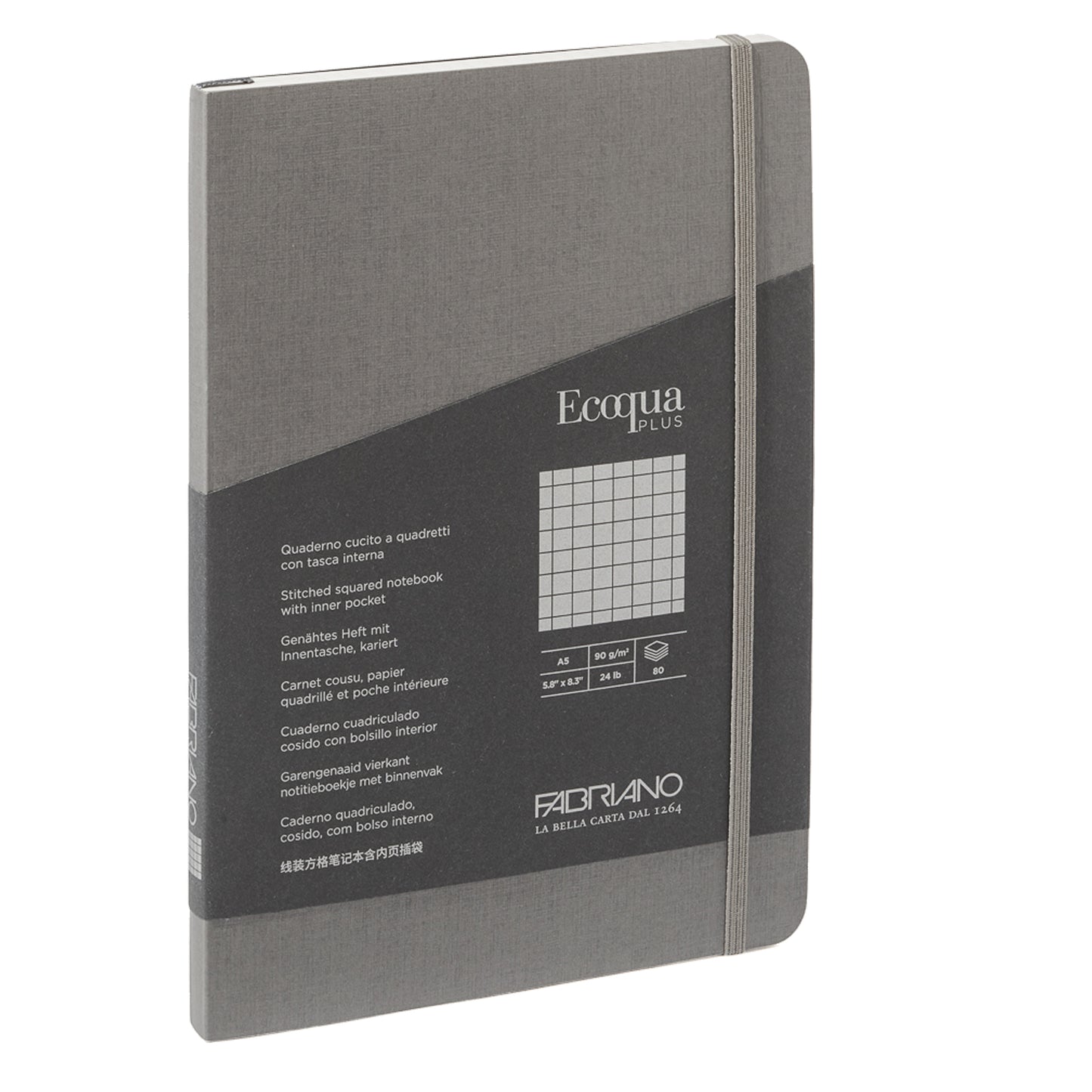 Taccuino Ecoqua Plus - con elastico - rilegatura cucita - A5 - 5 mm - 80 fogli - artracite - Fabriano