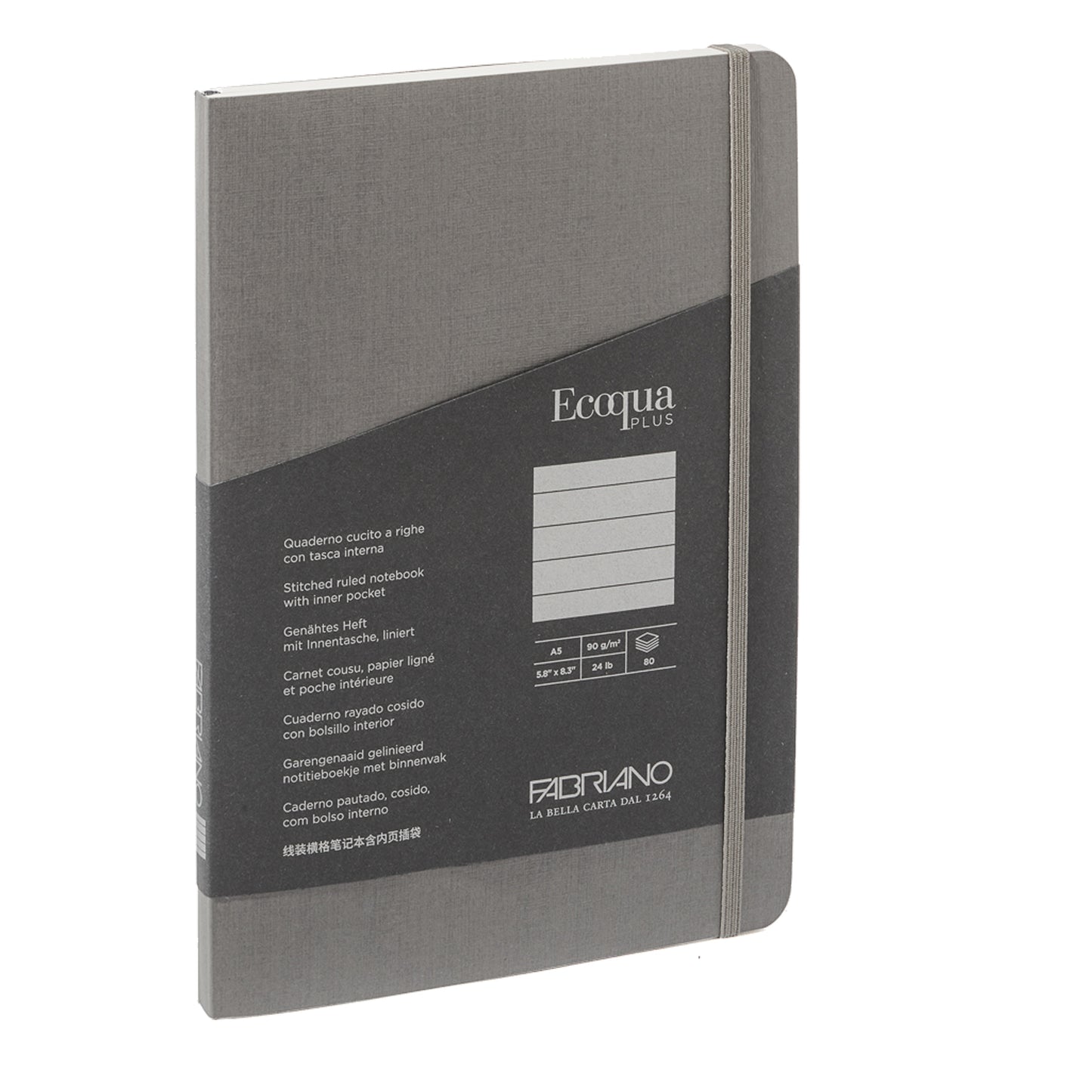 Taccuino Ecoqua Plus - con elastico - rilegatura cucita - A5 - 5 mm - 80 fogli - righe - artracite - Fabriano