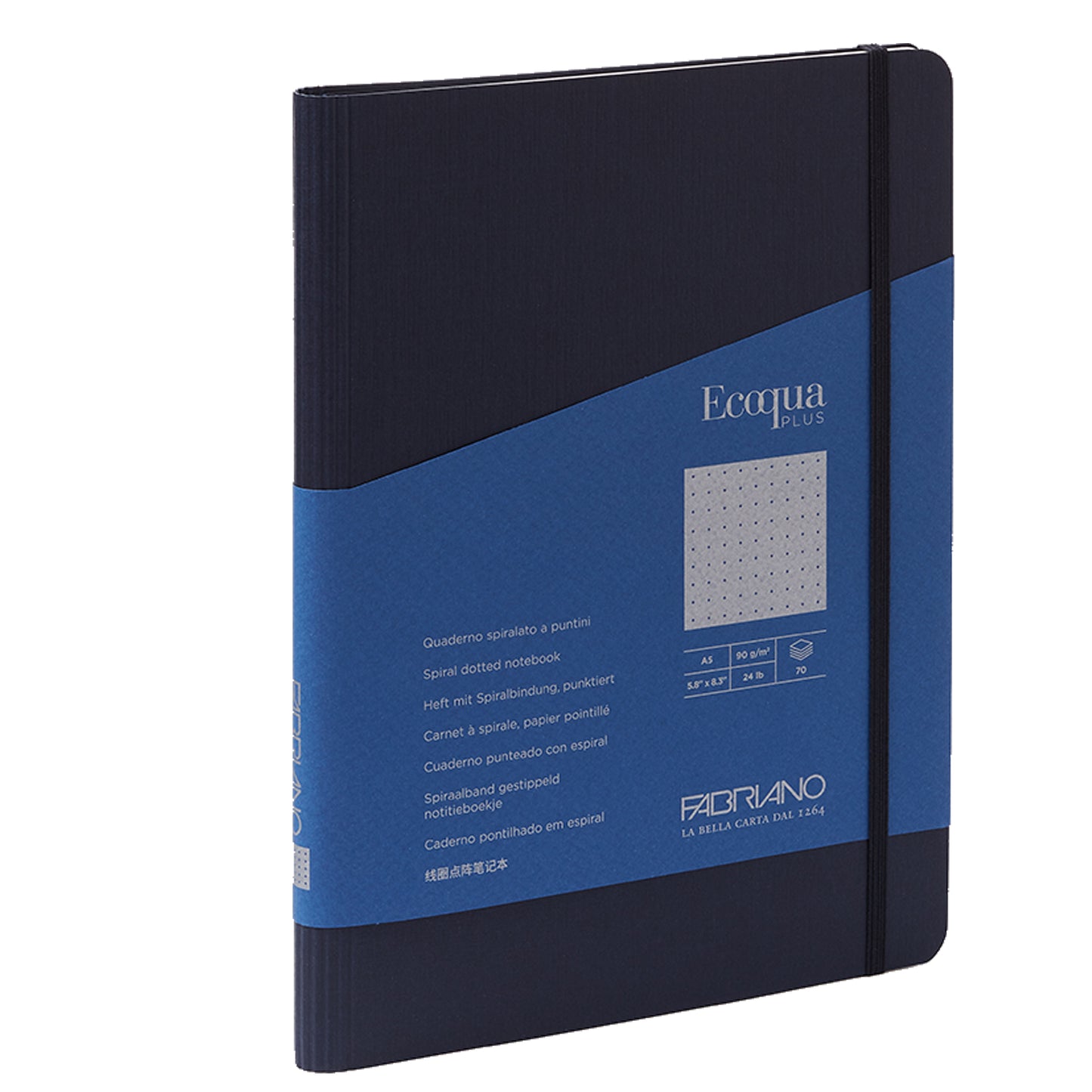 Taccuino Ecoqua Plus - con elastico - spiralato - A5 - 70 fogli - puntinato - blu scuro - Fabriano