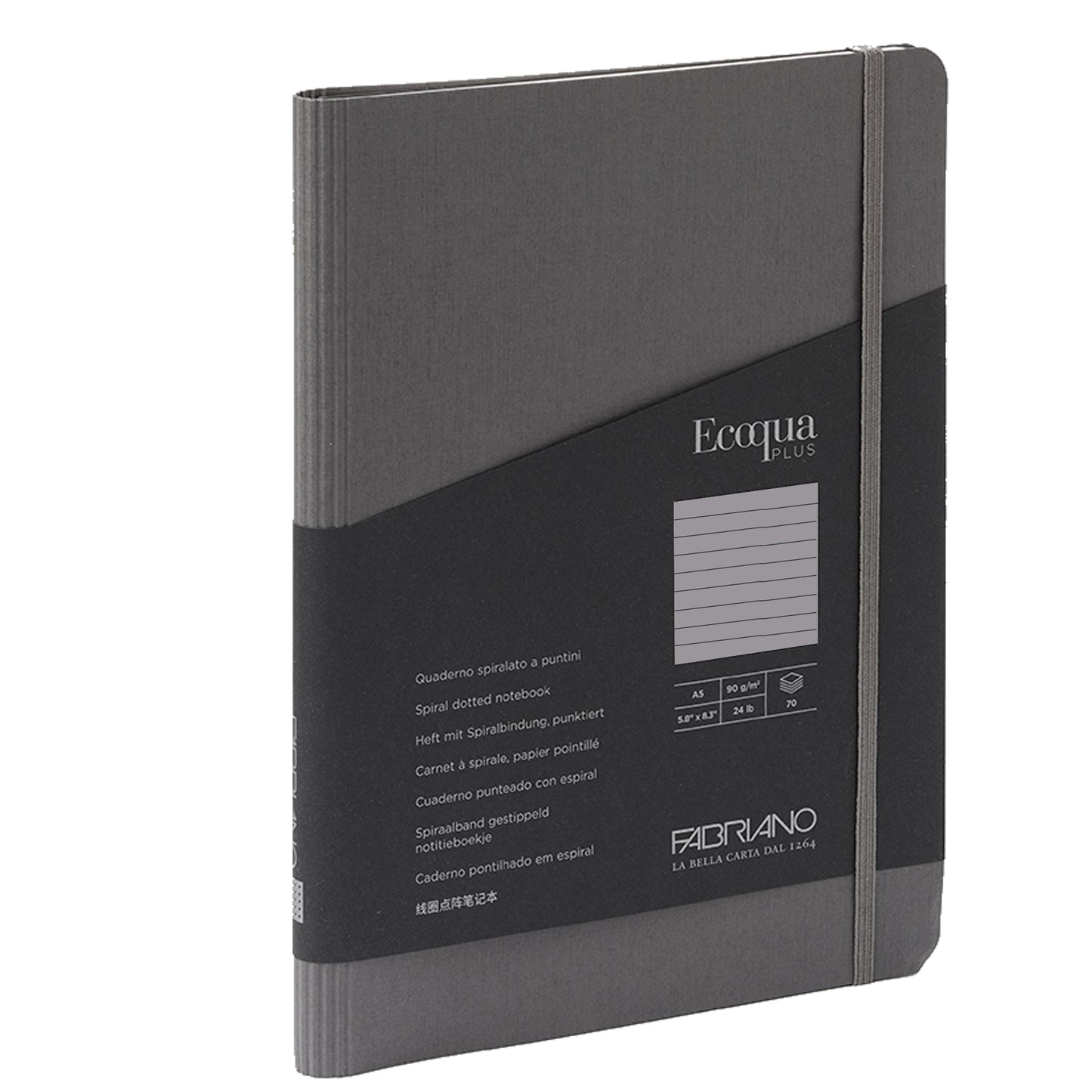 Taccuino Ecoqua Plus - con elastico - spiralato - A5 - 70 fogli - righe - antracite - Fabriano
