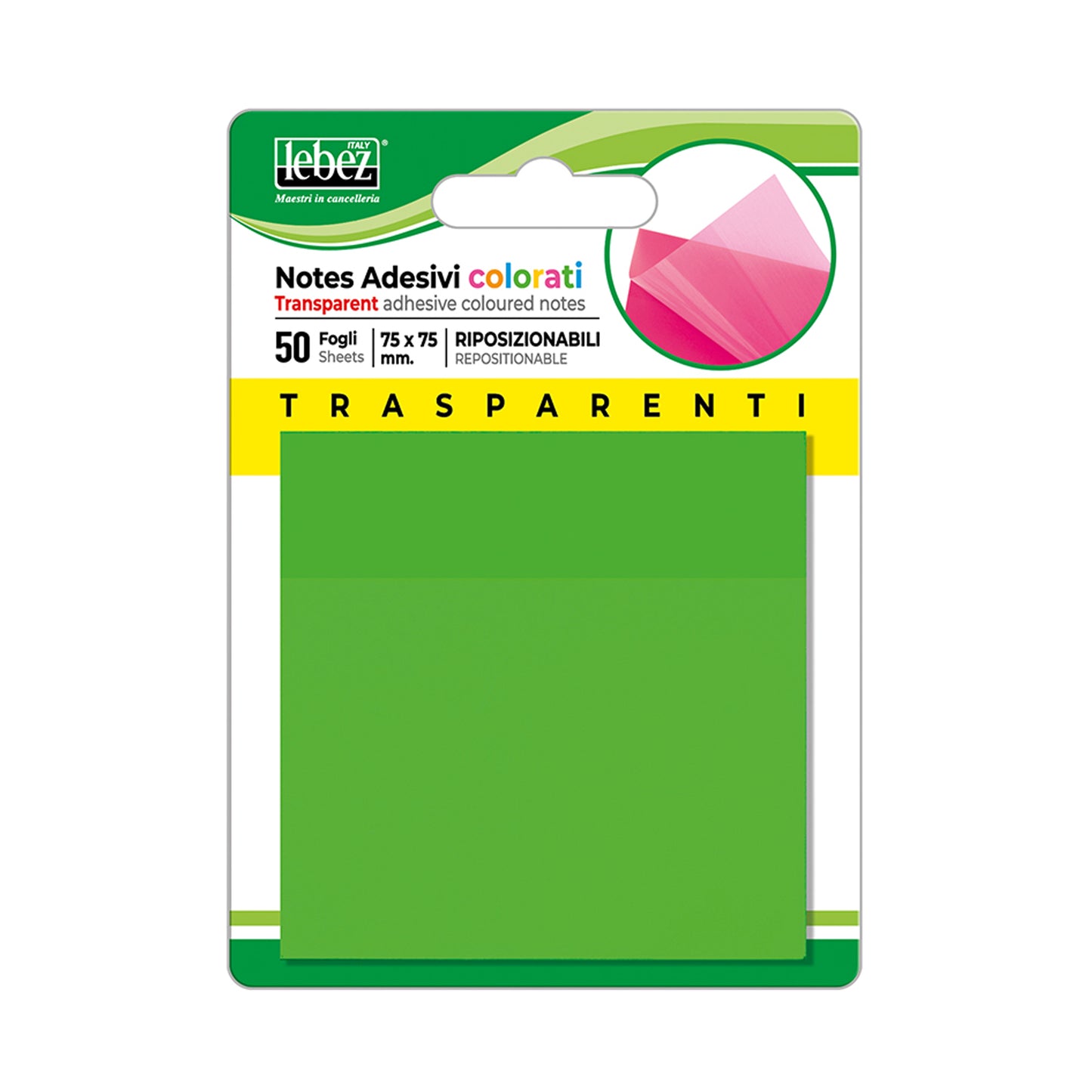 Blocchetto notes adesivo - 75 x 75 mm - colori traslucidi assortiti - Lebez - Box 72 blocchetti