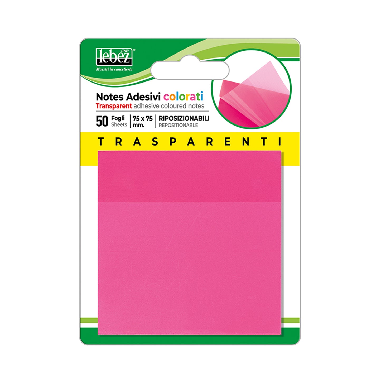 Blocchetto notes adesivo - 75 x 75 mm - colori traslucidi assortiti - Lebez - Box 72 blocchetti