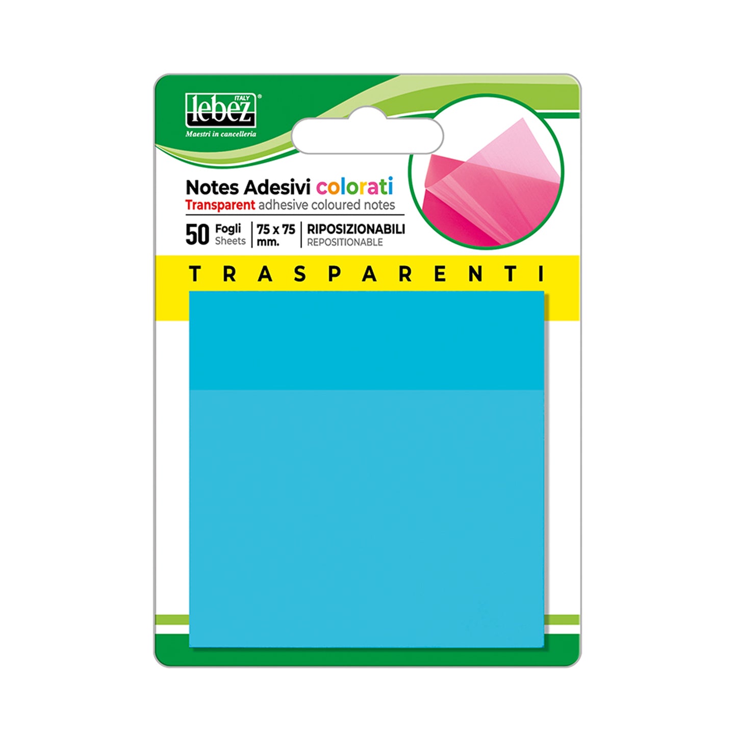 Blocchetto notes adesivo - 75 x 75 mm - colori traslucidi assortiti - Lebez - Box 72 blocchetti