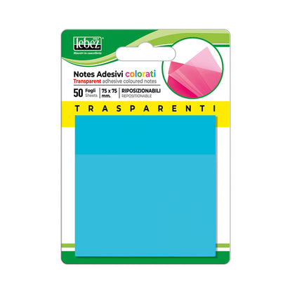 Blocchetto notes adesivo - 75 x 75 mm - colori traslucidi assortiti - Lebez - Box 72 blocchetti