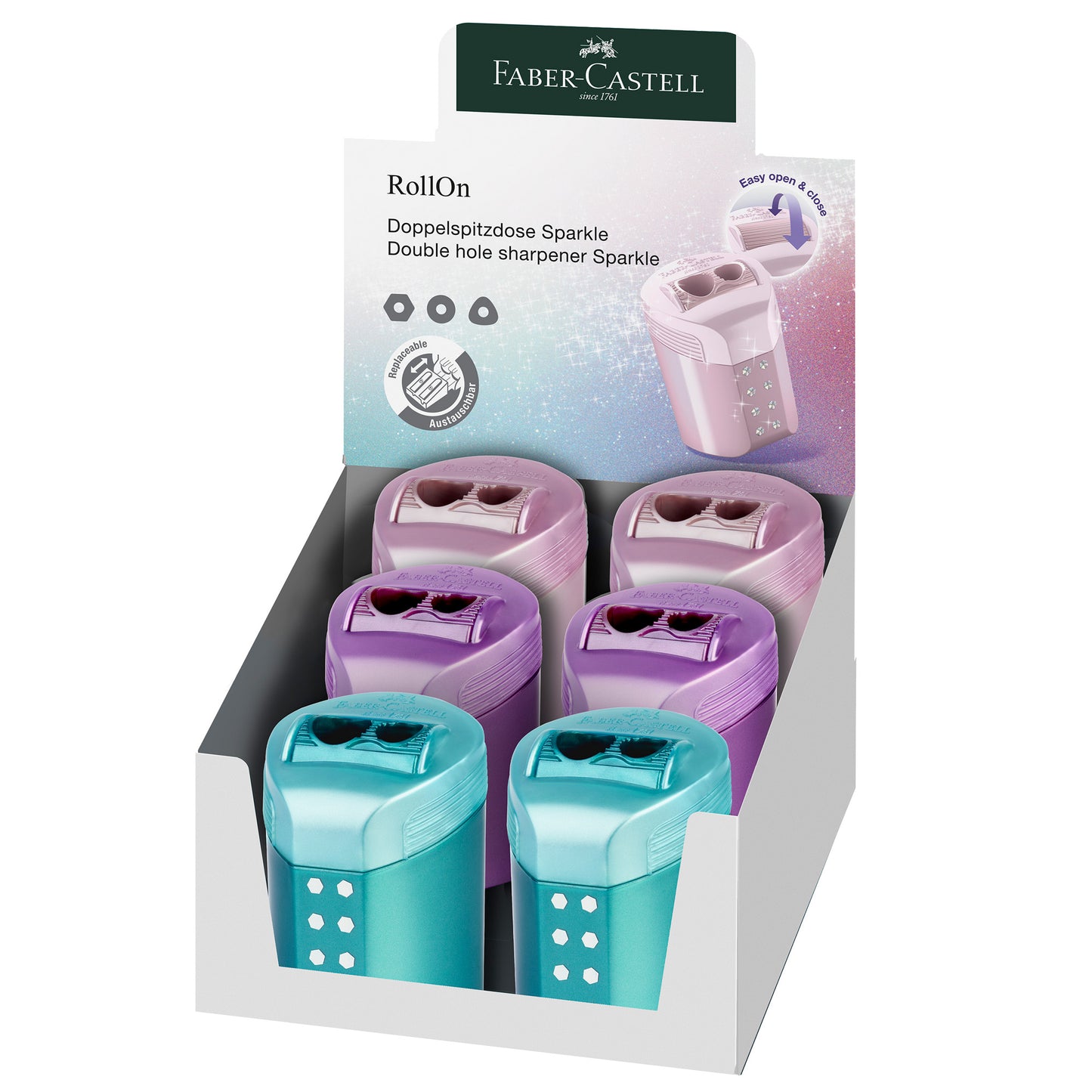 Temperamatite RollOn Sparkle - con serbatoio - 2 fori - colori assortiti - Faber-Castell