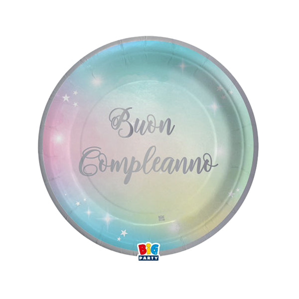 Piatto Soft Rainbow - Buon Compleanno - diametro 18 cm - carta - Big Party - conf. 8 pezzi