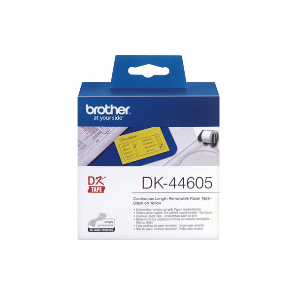 Brother - Rotolo etichetta continua - carta adesiva rimovibile - Nero/Giallo - 62mm x  30,48mt - DK-44605