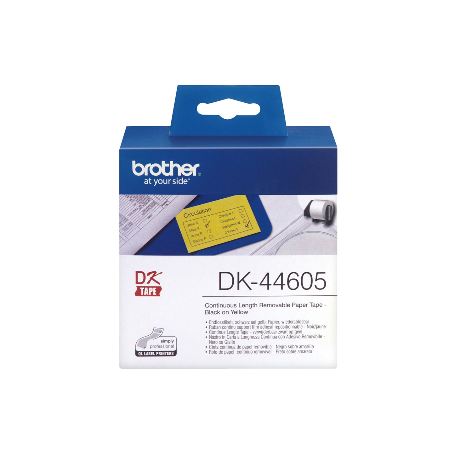 Brother - Rotolo etichetta continua - carta adesiva rimovibile - Nero/Giallo - 62mm x  30,48mt - DK-44605