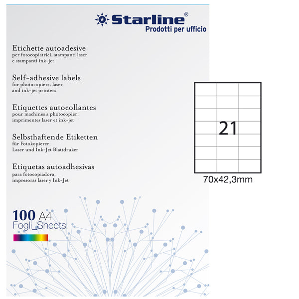 Etichette adesive - in carta - permanenti - 70 x 42,3 mm - 21 et/fg - 100 fogli - bianco - Starline