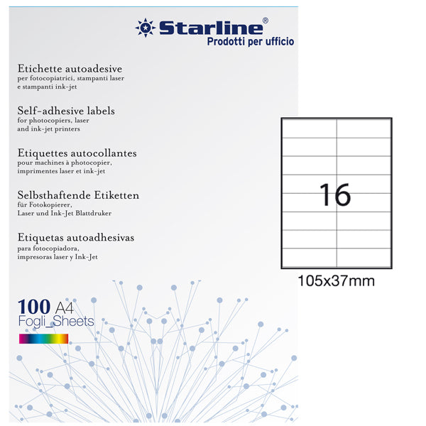 Etichette adesive - in carta - permanenti - 105 x 37 mm - 16 et/fg - 100 fogli - bianco - Starline