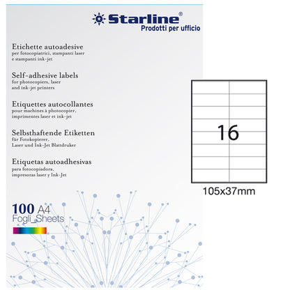 Etichette adesive - in carta - permanenti - 105 x 37 mm - 16 et/fg - 100 fogli - bianco - Starline
