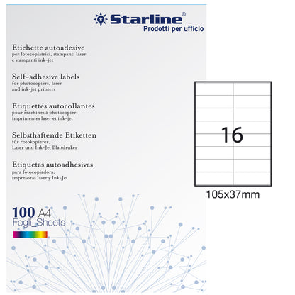 Etichette adesive - in carta - permanenti - 105 x 37 mm - 16 et/fg - 100 fogli - bianco - Starline