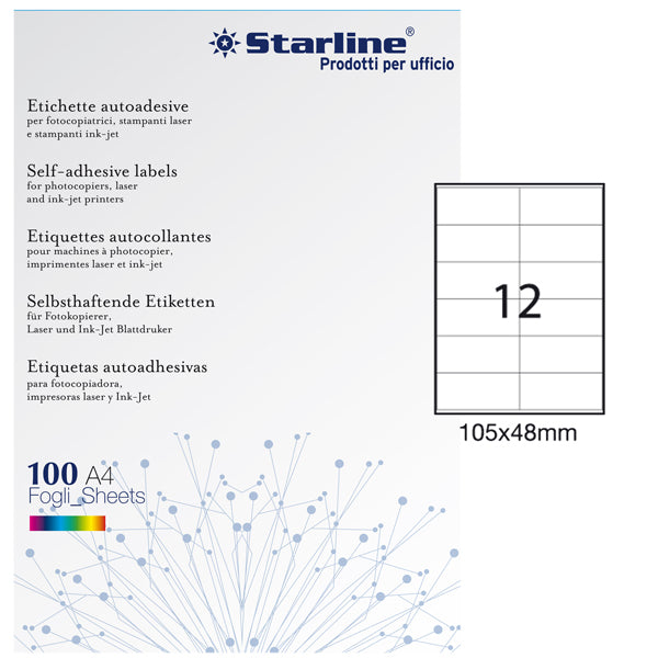 Etichette adesive - in carta - permanenti - 105 x 48 mm - 12 et/fg - 100 fogli - bianco - Starline