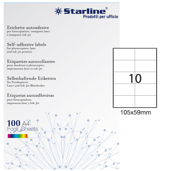 Etichette adesive - in carta - permanenti - 105 x 59 mm - 10 et/fg - 100 fogli - bianco - Starline