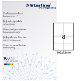 Etichette adesive - in carta - permanenti - 105 x 72 mm - 8 et/fg - 100 fogli - bianco - Starline