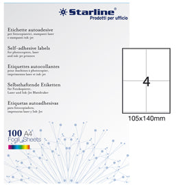 Etichette adesive - in carta - permanenti - 105 x 140 mm - 4 et/fg - 100 fogli - bianco - Starline