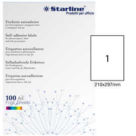 Etichette adesive - in carta - permanenti - 210 x 297 mm - 1 et/fg - 100 fogli - bianco - Starline