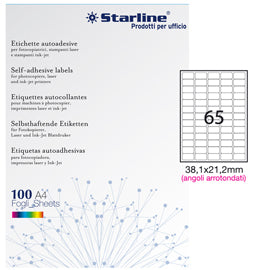 Etichette adesive - in carta - angoli arrotondati - permanenti - 38,1 x 21,2 mm - 65 et/fg - 100 fogli - bianco - Starline
