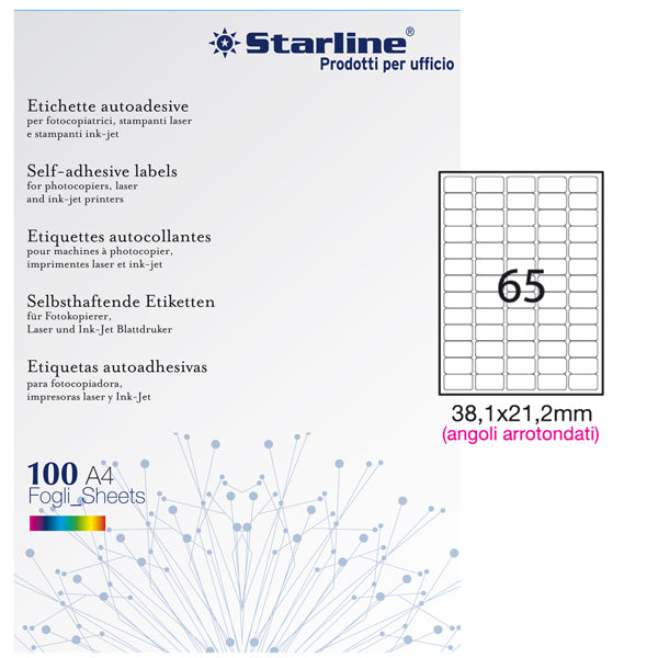 Etichette adesive - in carta - angoli arrotondati - permanenti - 38,1 x 21,2 mm - 65 et/fg - 100 fogli - bianco - Starline