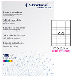 Etichette adesive - in carta - angoli arrotondati - permanenti - 47,5 x 25,5 mm - 44 et/fg - 100 fogli - bianco - Starline