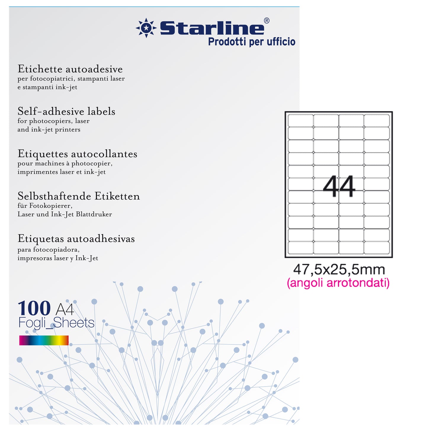 Etichette adesive - in carta - angoli arrotondati - permanenti - 47,5 x 25,5 mm - 44 et/fg - 100 fogli - bianco - Starline