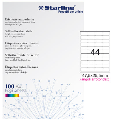 Etichette adesive - in carta - angoli arrotondati - permanenti - 47,5 x 25,5 mm - 44 et/fg - 100 fogli - bianco - Starline