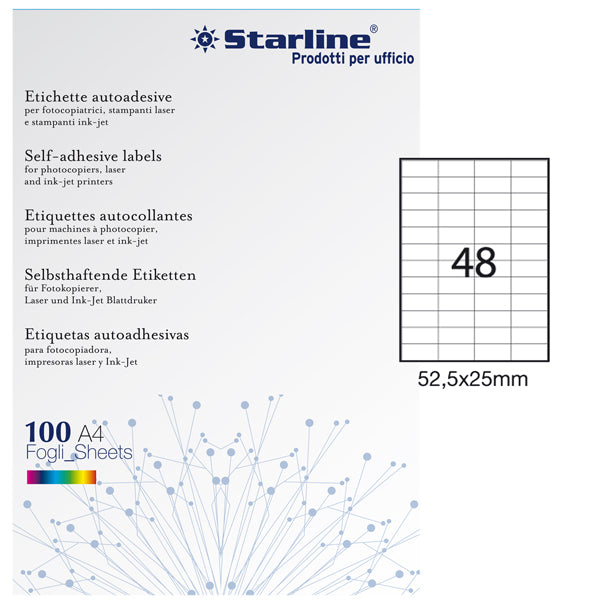 Etichette adesive - in carta - permanenti - 52,5 x 25 mm - 48 et/fg - 100 fogli - bianco - Starline