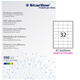 Etichette adesive - in carta - angoli arrotondati - permanenti - 47,5 x 35 mm - 32 et/fg - 100 fogli - bianco - Starline